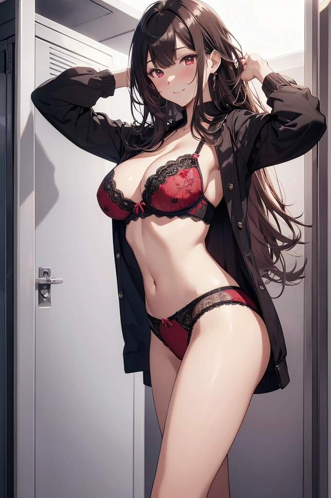 (masterpiece,best quality, ultra-detailed, high resolution, extremely detailed cg, anime picture, 8k,nsfw,) Underwear woman about to take off her shirt standing in front of a locker ,1girl, undressing,panicking,panick face,locker, navel,armpits, arms up, cleavage, beautiful skin color,bra, panties ,rose pattern print bra,rose pattern print panties, sexy underwear,fine pattern underwear,delicate pattern underwear,luxury underwear,colorful underwear,wet ,seductive smile,nose blush,big breast,imaschihiro,brown hair,red eyes,long hair