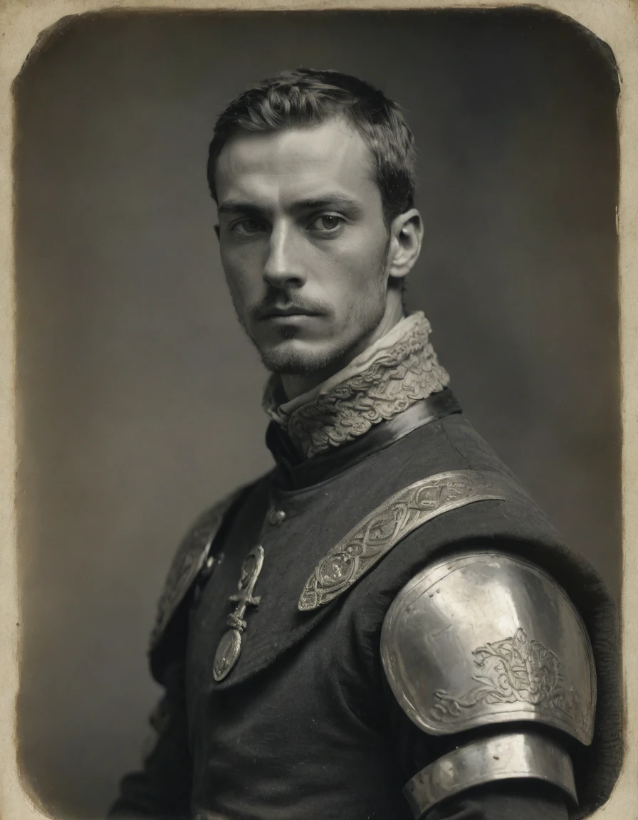 by Moebius, by Théodore Géricault, ((((Rough monochrome, daguerreotype on old paper, male focus)))), the composition is: ((((a cute, young male knight, sullen, facing viewer, goatee, buzzcut. He is wearing plate armor, he is wearing neck ruffles, a tartan cape with renaissance elements, sashes, medals, Celtic pendants, Celtic influence))))
