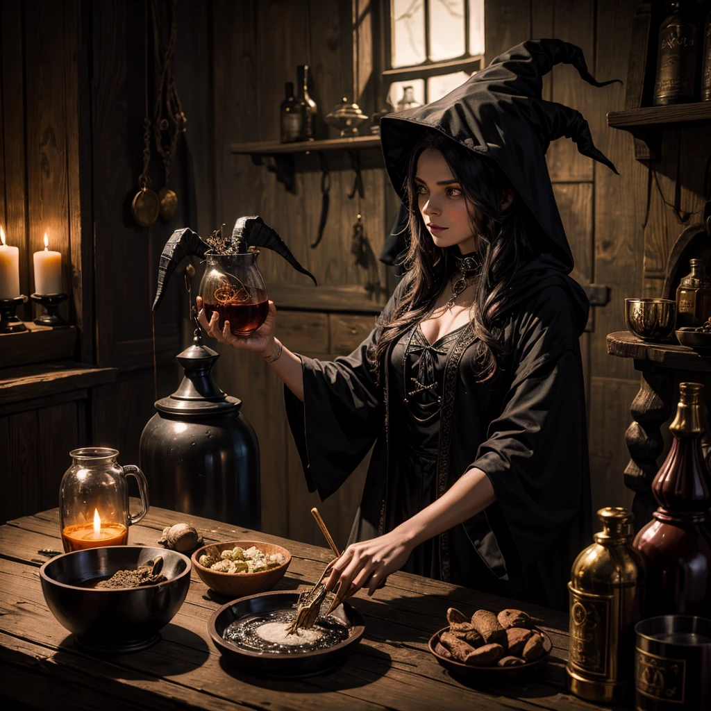 A witch woman preparing a potion, the witch wears a black hood, in the background you can see the shadow of Satan with the appearance of a goat, on the table where the potion is prepared there is the devil's star, the witch appears fascinating and mysterious