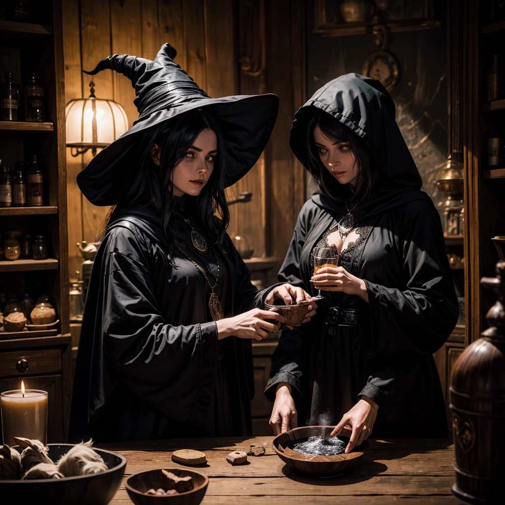 A witch woman preparing a potion, the witch wears a black hood, in the background you can see the shadow of Satan with the appearance of a goat, on the table where the potion is prepared there is the devil's star, the witch appears fascinating and mysterious