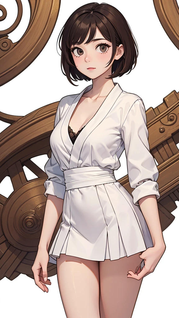 (((masterpiece, best quality, ultra highres, 1 girl, solo, white background))), super detailed skin and face and eyes and finger, beautiful japanese woman, small breasts:1.5, skinny, light brown hair, white background, very short pixie hair, (an illustration of girl), Knee shot, Generate with illustrations, Various expressions, Various poses, Various Costumes, Please draw the entire character within the frame, ensuring that the head, arms, and legs are not cut off. The background should be simple, with the character positioned centrally, outline,