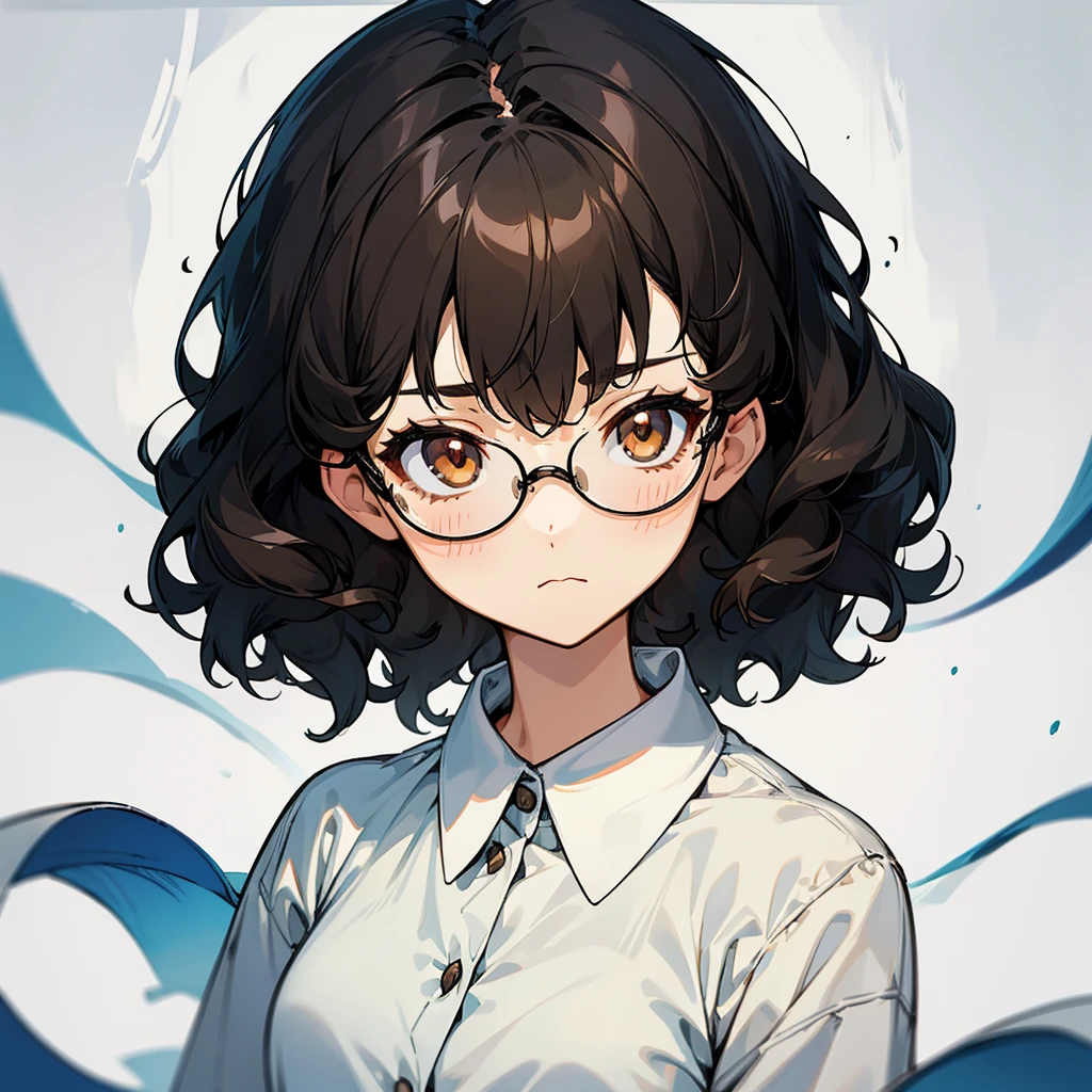 cute girl, cute face, short, short hair, black hair , wavy hair, brown eyes, a very pretty face with fine features, eyes with dark circles, small breasts, thin and wears glasses, wears a pajama, dark style,, calm and indifferent expression.