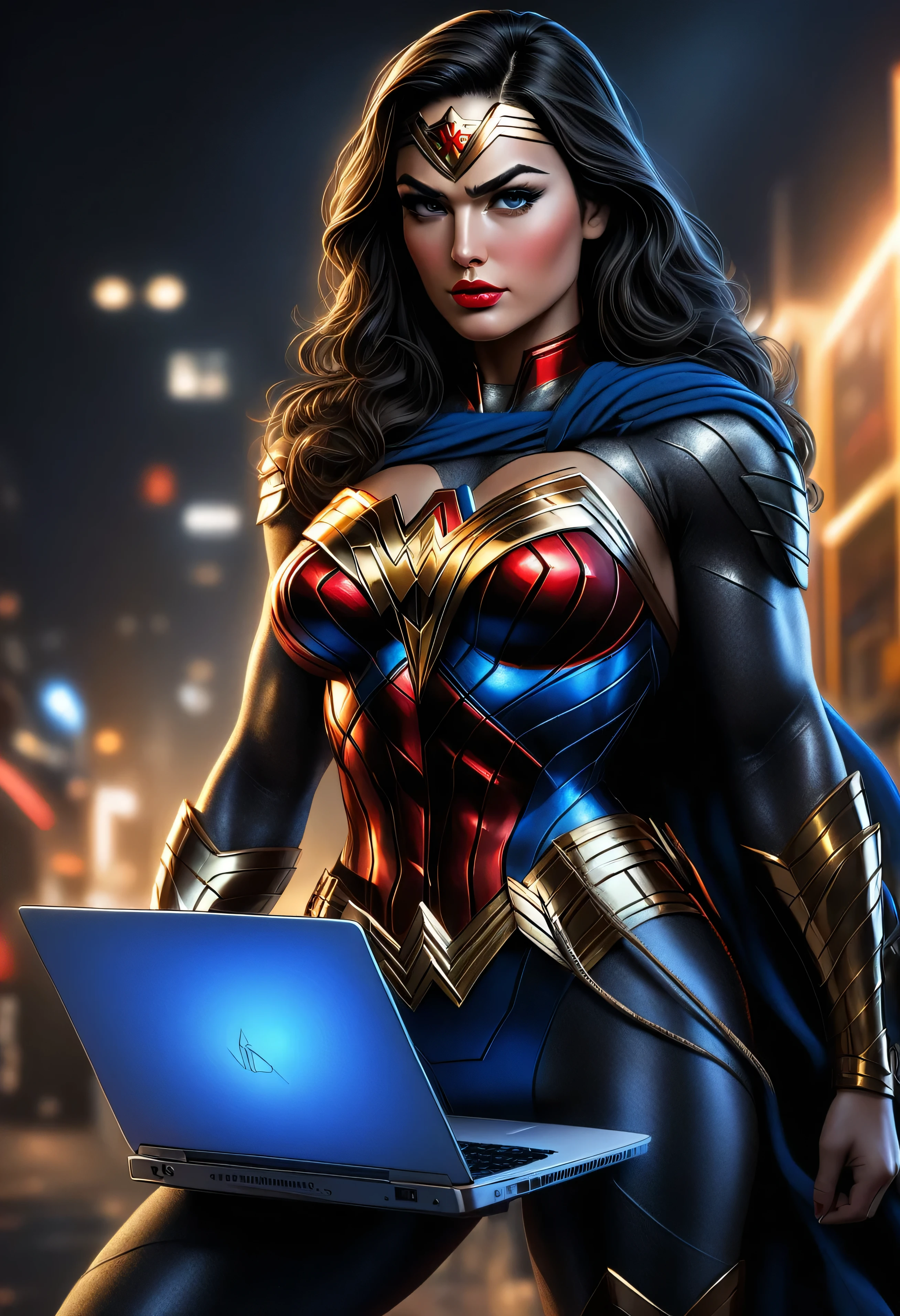 Full-body, Wonderwoman wearing a company badge, (holding a laptop computer) at waist level, Mike deodato art style, 8k, intricate details, cinematic lighting, dramatic pose, strong facial features, beautiful detailed eyes, beautiful detailed lips, extremely detailed face and portrait, long eyelashes, high contrast, dynamic composition, vibrant colors, chiaroscuro lighting, photorealistic, masterpiece
