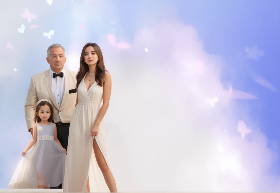 A very beautiful dress for a , dad in a light jacket and black trousers , there is an adult daughter nearby