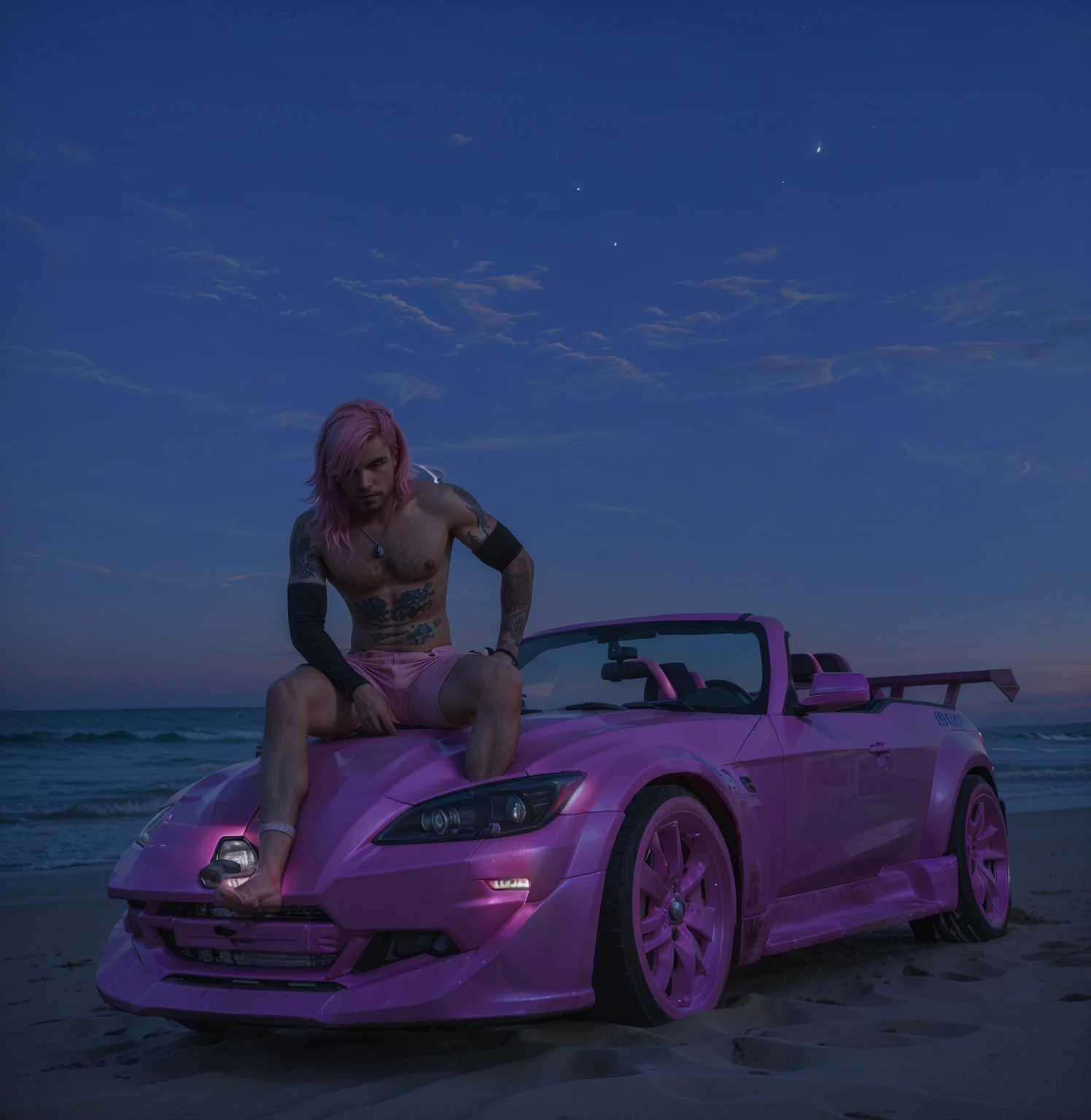  In the image, a man with pink hair is sitting on a pink truck parked on a beach at night. 4k, realistic, Obra de arte), (melhor qualidade), (ultra detalhado)