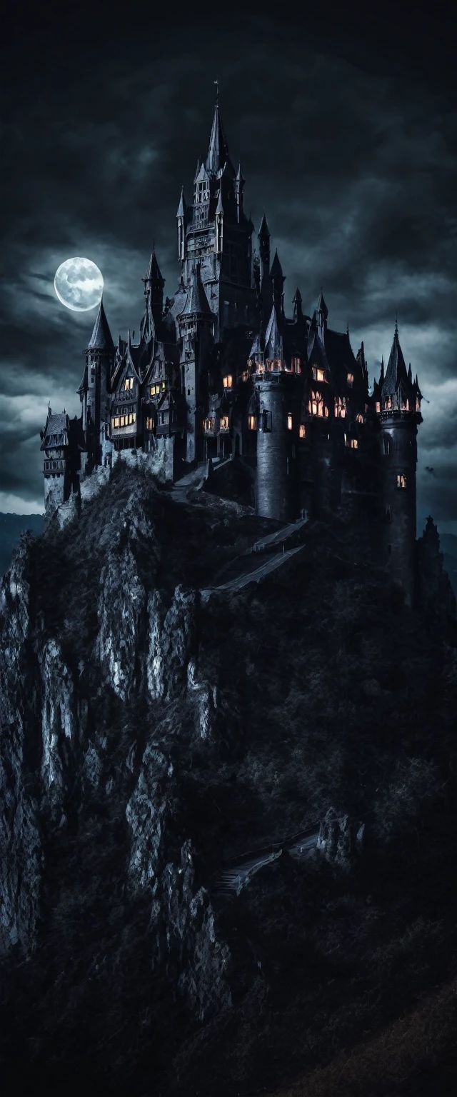Dark gothic castle on mountain night horror