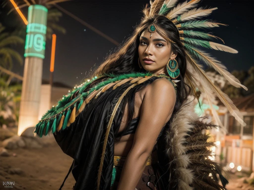 Beautiful Cherokee Indian woman with beautiful emerald headdresses, blackw, doradas, cobre, Pearl, white and beige, feathers made of bright neon of various colors, flares on camera, bokeh, full moon night
