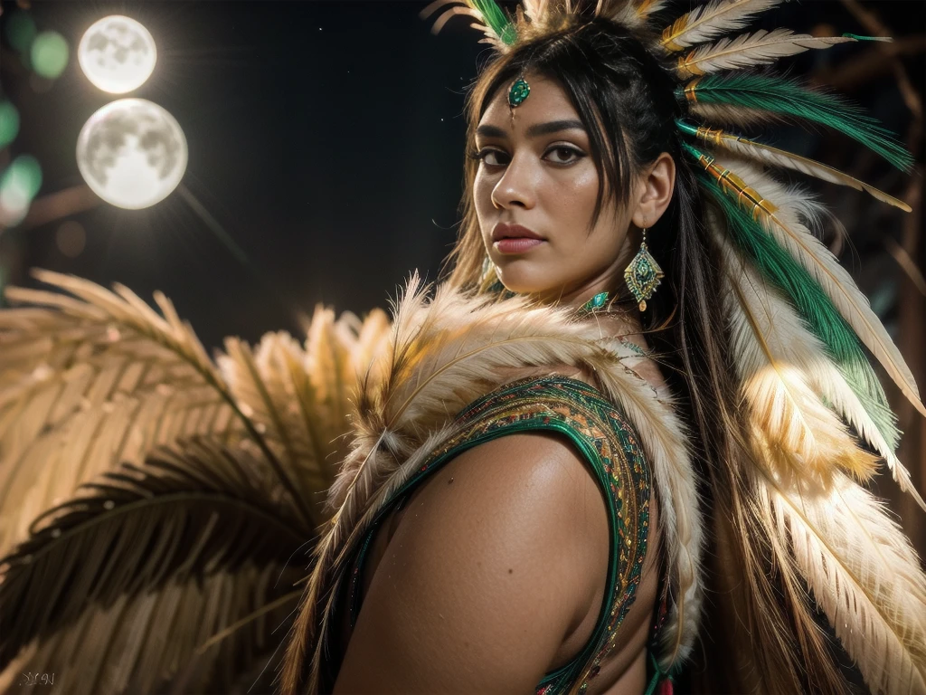 Beautiful Cherokee Indian woman with beautiful emerald headdresses, blackw, doradas, cobre, Pearl, white and beige, feathers made of bright neon of various colors, flares on camera, bokeh, full moon night