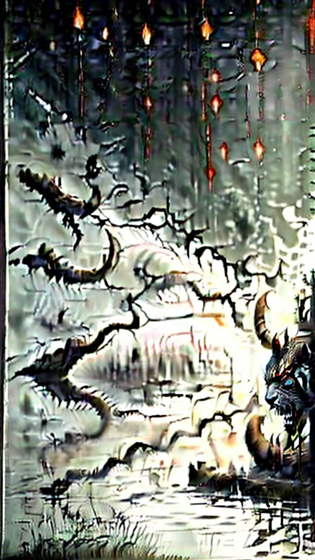 3 demons sitting together, 1 a Chinese ancestor, 1 a white tiger, one a black demon