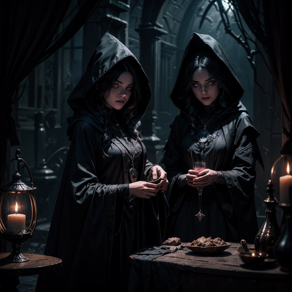 a witch woman in a dark hooded cloak preparing a potion, detailed face, beautiful eyes and lips, dark and mysterious atmosphere, the shadow of Satan with the appearance of a goat in the background, a devil's star on the table where the potion is prepared, dark moody lighting, cinematic composition, dark fantasy, dark colors, dramatic lighting