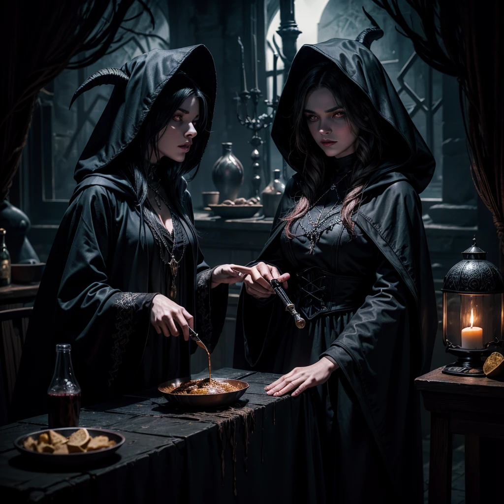 a witch woman in a dark hooded cloak preparing a potion, detailed face, beautiful eyes and lips, dark and mysterious atmosphere, the shadow of Satan with the appearance of a goat in the background, a devil's star on the table where the potion is prepared, dark moody lighting, cinematic composition, dark fantasy, dark colors, dramatic lighting