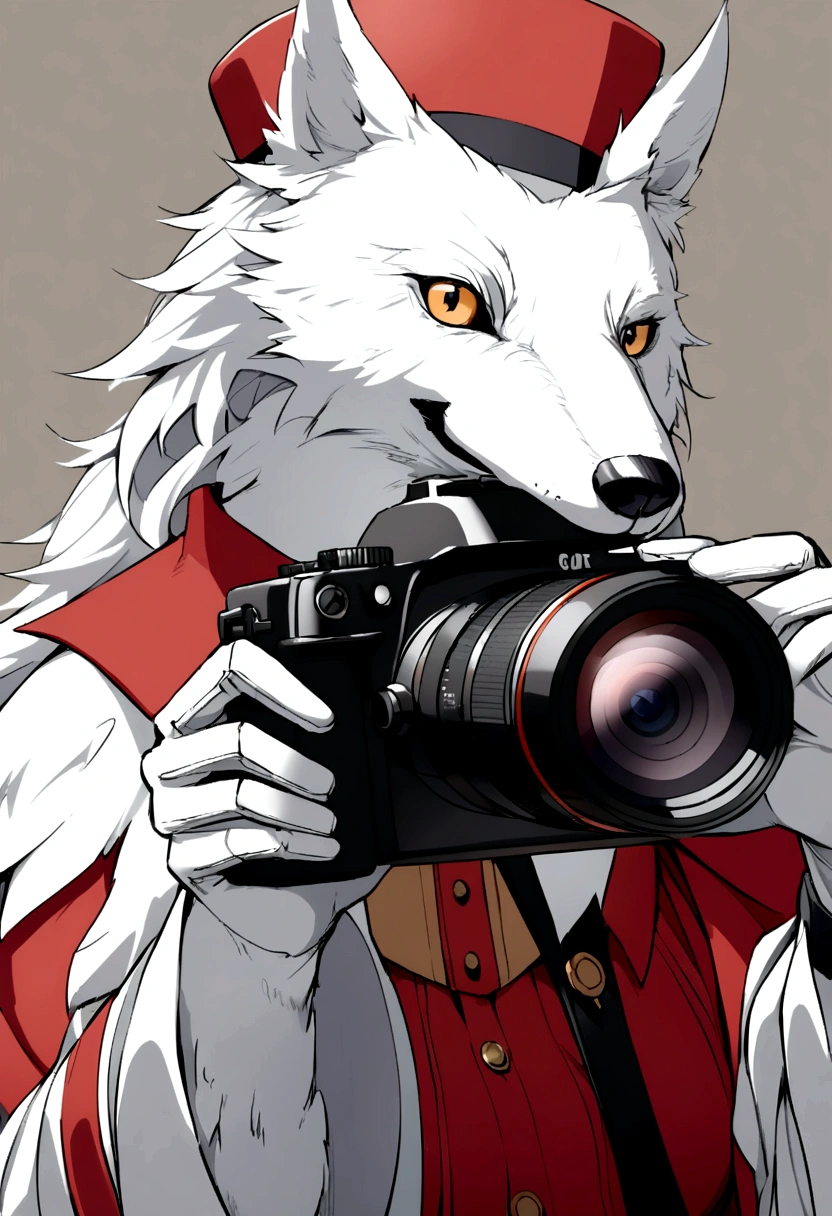 a white wolf wearing a red top hat holding a camera