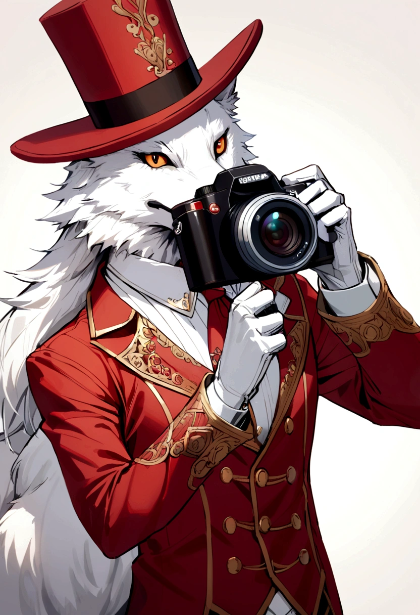 a white wolf wearing a red top hat holding a camera
