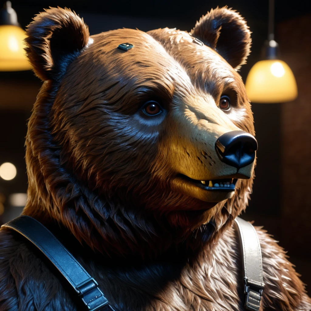 A photorealistic 1 brown animatronic bear, extremely detailed facial features, highly detailed robotic body, intricate mechanical parts, Freddy Fazbear's Pizza, (best quality,4k,8k,highres,masterpiece:1.2),ultra-detailed,(realistic,photorealistic,photo-realistic:1.37),cinematic lighting,dramatic shadows,photorealistic textures,realistic materials,vibrant colors,dramatic lighting
