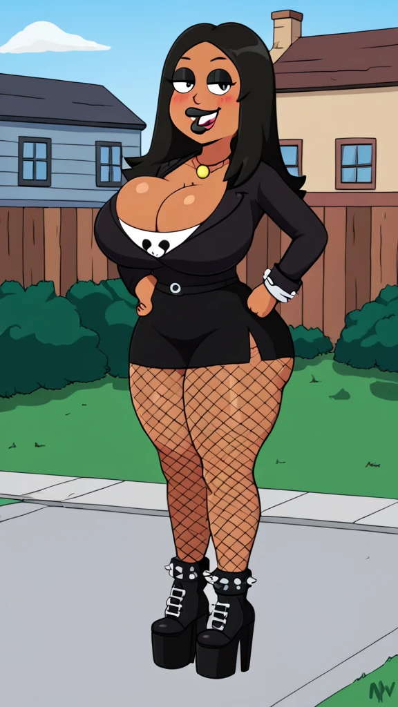 francine, flat color, black hair, 1girl, long hair, white braclet, extra massive breasts, dark skin, solo, necklace, cleavage, black goth clothes, black lips, ((nsfw)), standing, looking at viewer, outdoors, full-body, smile, blushing, platform spiked boots, black eyeliner, multiple tattoos, plump mouth, fishnet leggings, thick thighs, thick ass, bimbo, tongue sticking out