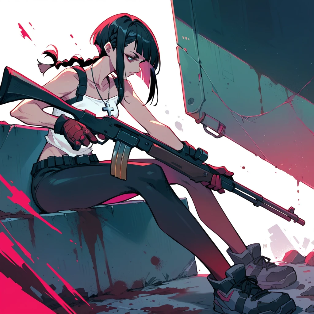 girl , braided black hair, silver necklace with cross pendant, mechanic glove on the left hand, faded red, low-cut white top, black leggings, arms and legs with dirt stains, shotgun in the right hand, cyberpunk image style