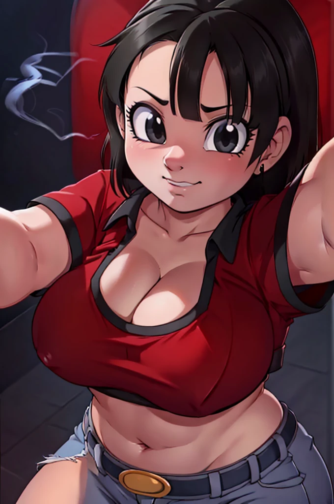 red shirt, croptop curvy, huge breasts, sagging , from above,extremely close up ,breast focus ,distressed jeans,,TIGHT shIRTg,selfie POV,,smoking,short black hair,