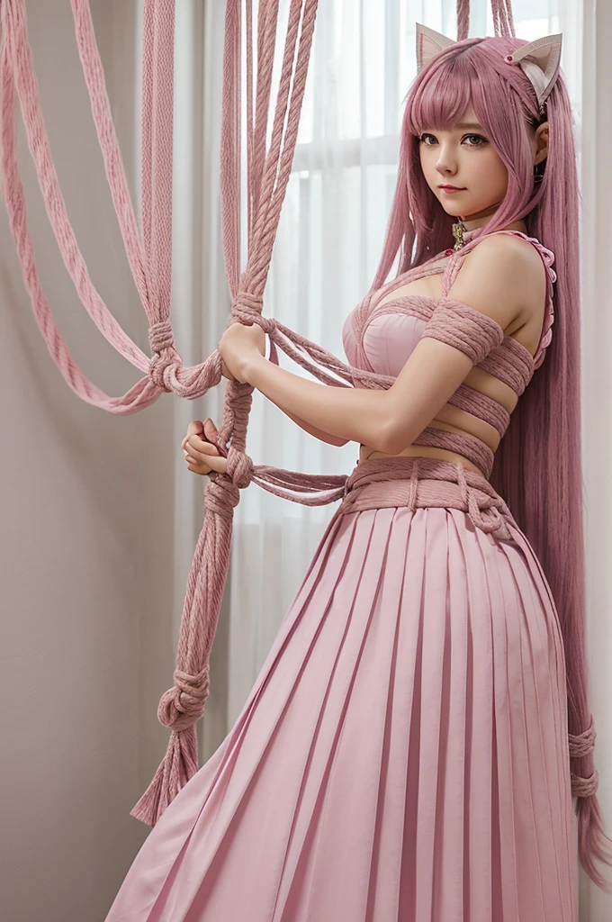 A beautiful bound girl with a focus on pretty and elegant clothes、Cat Ears、(pink hair)、(long hair)、((pink eyes))、((long skirt, pleated skirt, pretty skirt)) 、high quality、best quality, swept bangs, arms behind back, (((rope, shibari, bound arms, bondage)))