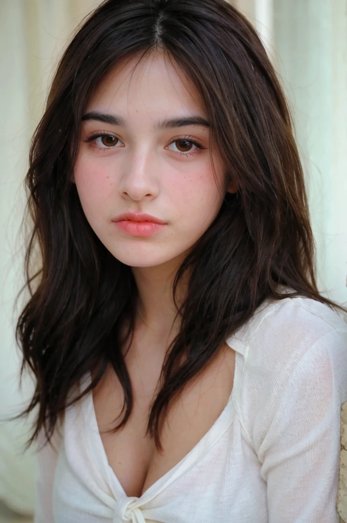 1 fille seule, from front shot, wife, belle, cute, young, 19 ans, brune, pouty lips, Italian, French, Latin, yeux marron clair, mince, model, long hair, wavy hair, fine du visage, made up, tanned