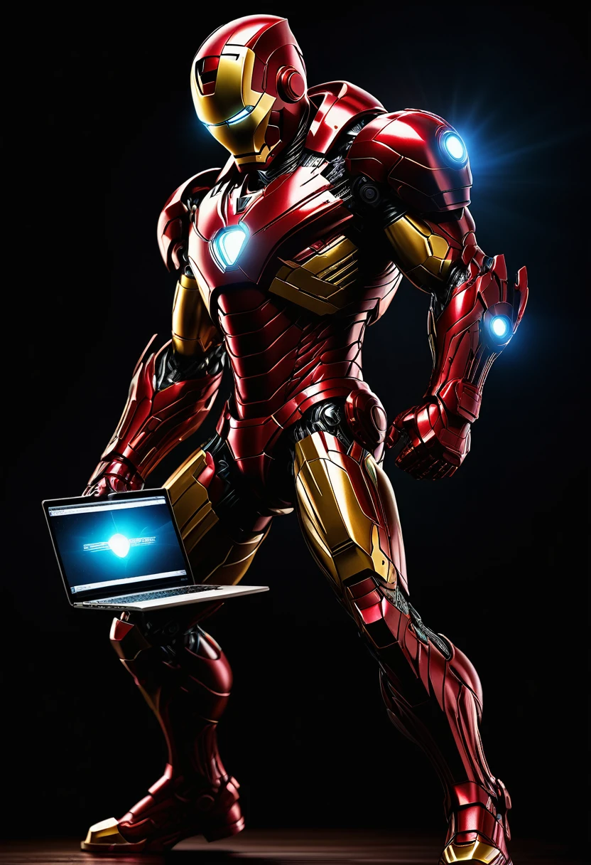 Full-body, ironman wearing a company badge, (holding a laptop computer) at waist level, Mike deodato art style, 8k, intricate details, cinematic lighting, dramatic pose, extremely detailed, high contrast, dynamic composition, vibrant colors, chiaroscuro lighting, photorealistic, masterpiece