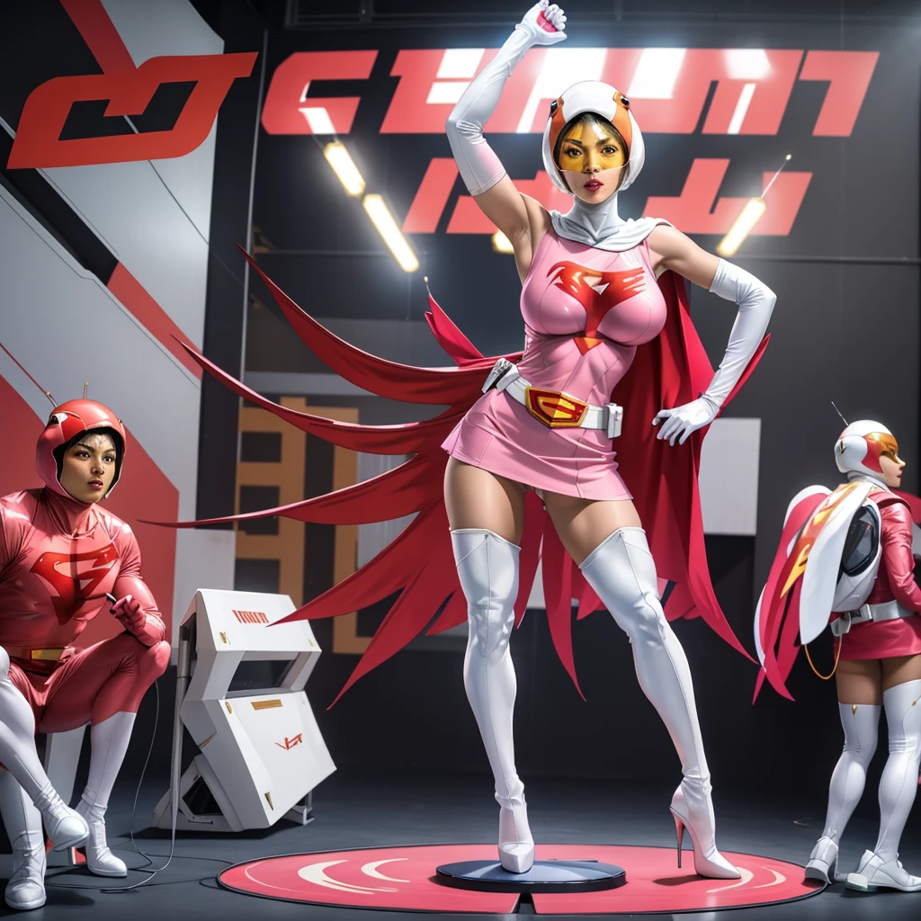 ANI_CLASSIC_jun_gatchaman_ownwaifu,1girl, 15yo,good , masterpiece, best quality,realistic, hyper realistic, 16k hdr, long hair,breasts,lips,large breasts,lipstick,makeup,gloves,cape,helmet,belt,elbow gloves,white gloves,mask,ultra ,leotard,spacesuit,white tight overknee highheels boots,pink dress,superhero,,cleavage,erected ,(stand pose,arms up straight),(:1.1),