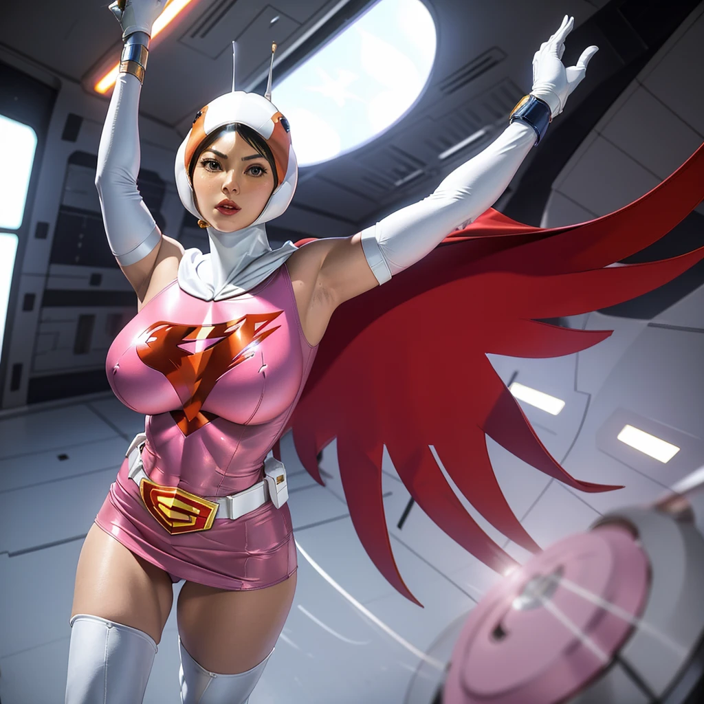 ANI_CLASSIC_jun_gatchaman_ownwaifu,1girl, ,good anatomy, masterpiece, best quality,realistic, hyper realistic, 16k hdr, long hair,breasts,lips,large breasts,lipstick,makeup,gloves,cape,helmet,belt,elbow gloves,white gloves,mask,ultra miniskirt,leotard,spacesuit,white tight overknee highheels boots,pink dress,superhero,bodysuit,cleavage,erected nipples,(stand pose,arms up straight),(spread legs:1.1),cameltoe