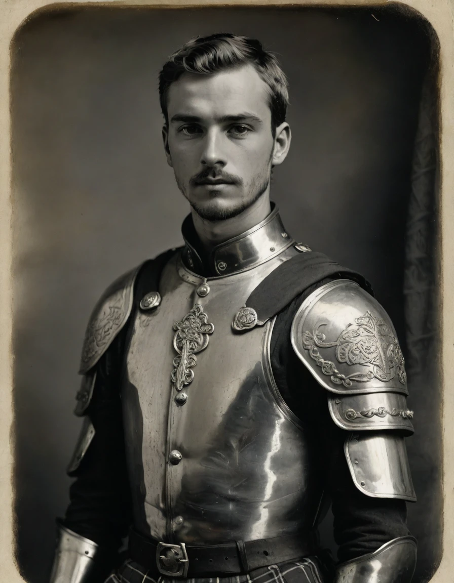 by Moebius, by Théodore Géricault, ((((Rough monochrome, daguerreotype on old paper, male focus)))), the composition is: ((((a cute, young male knight, sullen, facing viewer, goatee, buzzcut. He is wearing plate armor, he is wearing neck ruffles, a tartan cape with renaissance elements, sashes, medals, Celtic pendants, Celtic influence))))