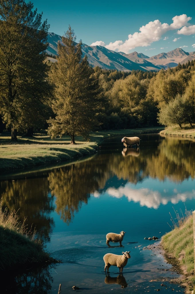 Intensely the film, a captivating poster exudes cinematic lighting and color grading. In the center a sheep that is seeing its reflection in the water on the ground.
