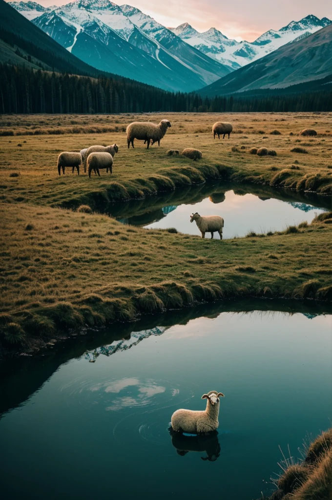 Intensely the film, a captivating poster exudes cinematic lighting and color grading. In the center a sheep that is seeing its reflection in the water on the ground.
