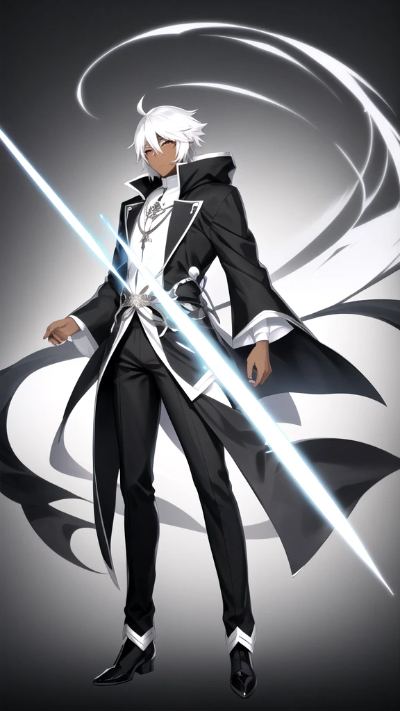 Anime style，Full body，male，dark skin，short black and white hair，wizard，Minimalist background