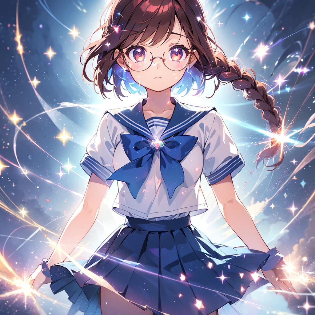 1girl, magical girl, transformation scene, glasses, brown eyes, long brown hair in single braid, sailor uniform with blue collar and skirt, red neckerchief, ((shimmering light particles:1.2) enveloping the girl's body), (large breasts), large buttocks, voluptuous, bright beams of light in the background