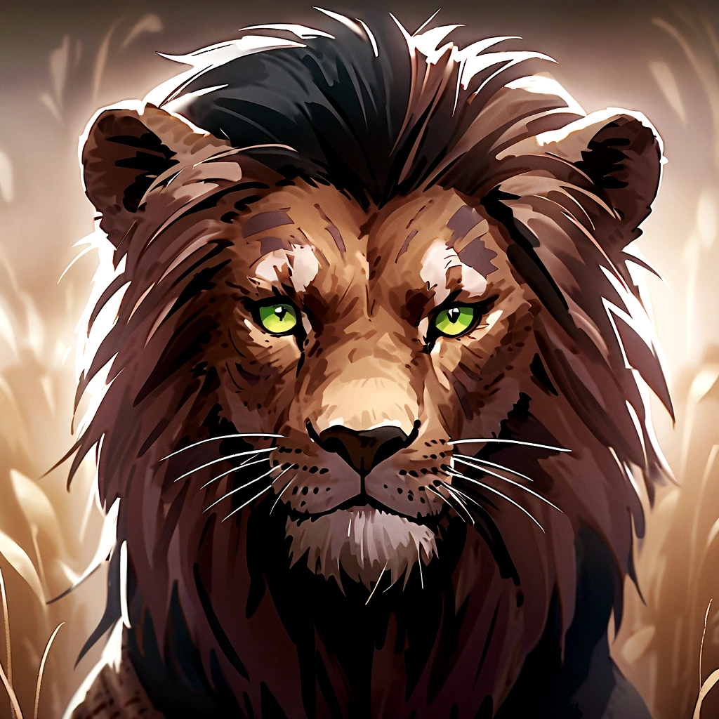 lion with a scrawny body, quite emaciated
of elegant thin black hair and tattered orange-brown skin and distinctive neon green almond-shaped eyes with numerous scars on his body, the most notable vertical one over his left eye, which is pink and slightly cloudy.