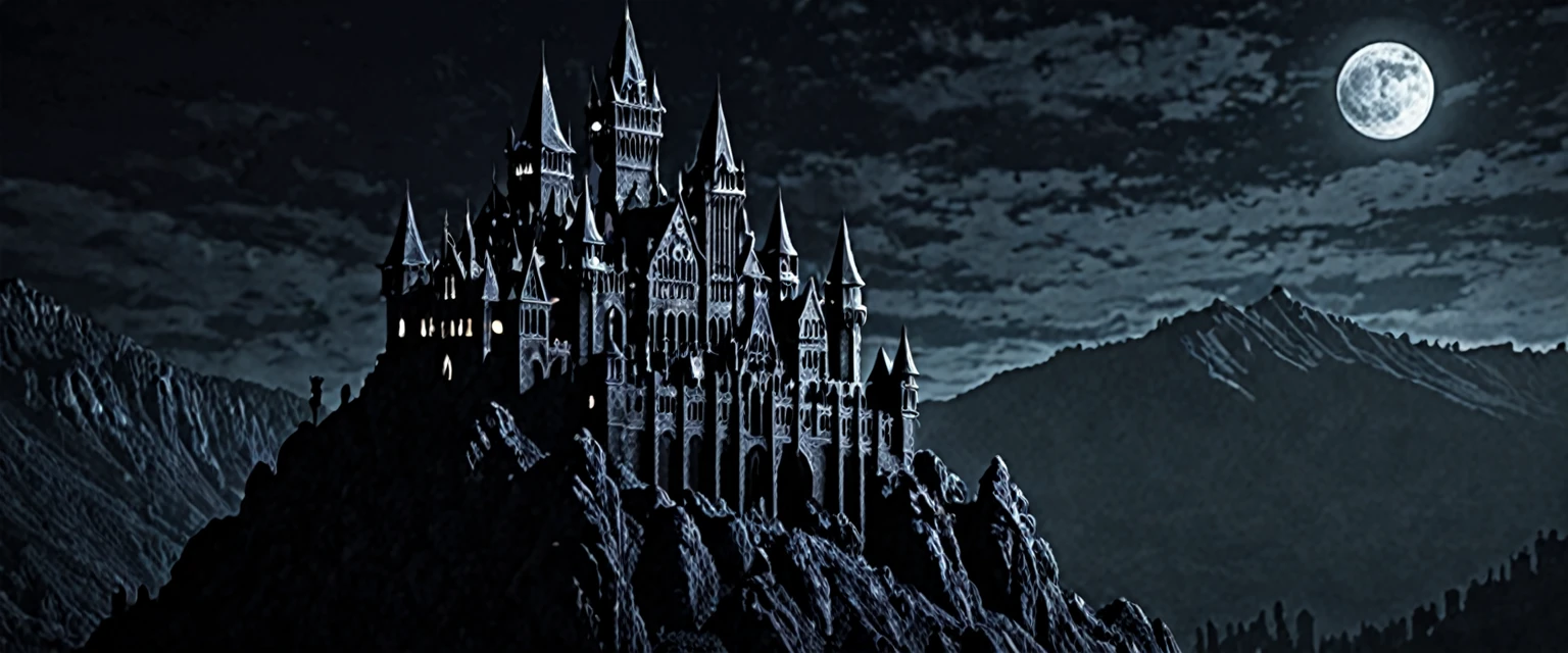 Dark gothic castle on mountain night horror