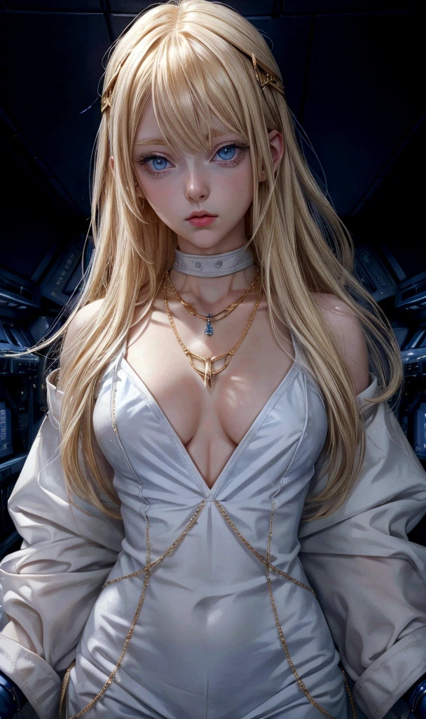 Young blonde anime, aesthetic body, dark blue eyes, wearing white clothes with blue details, in a spaceship, with gold necklace