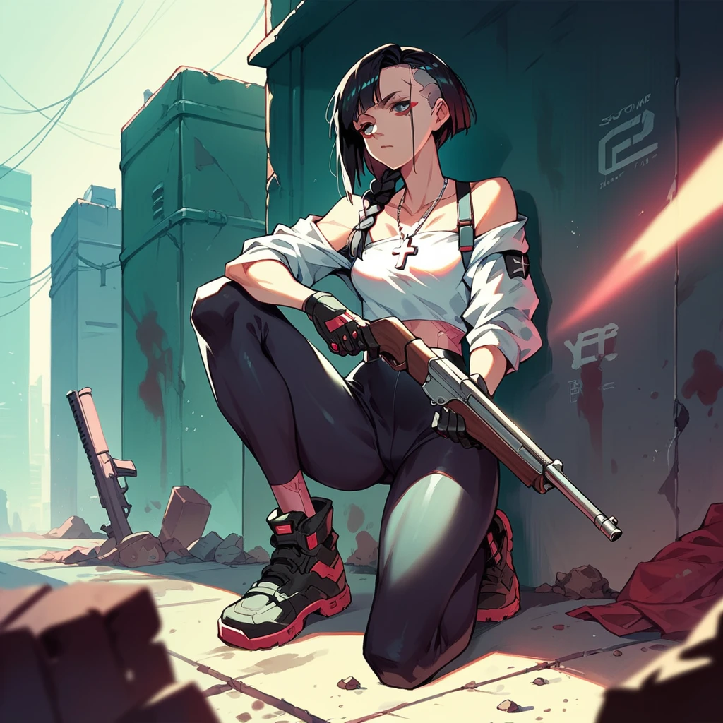 girl , braided black hair, silver necklace with cross pendant, mechanic glove on the left hand, faded red, low-cut white top, black leggings, arms and legs with dirt stains, shotgun in the right hand, cyberpunk image style