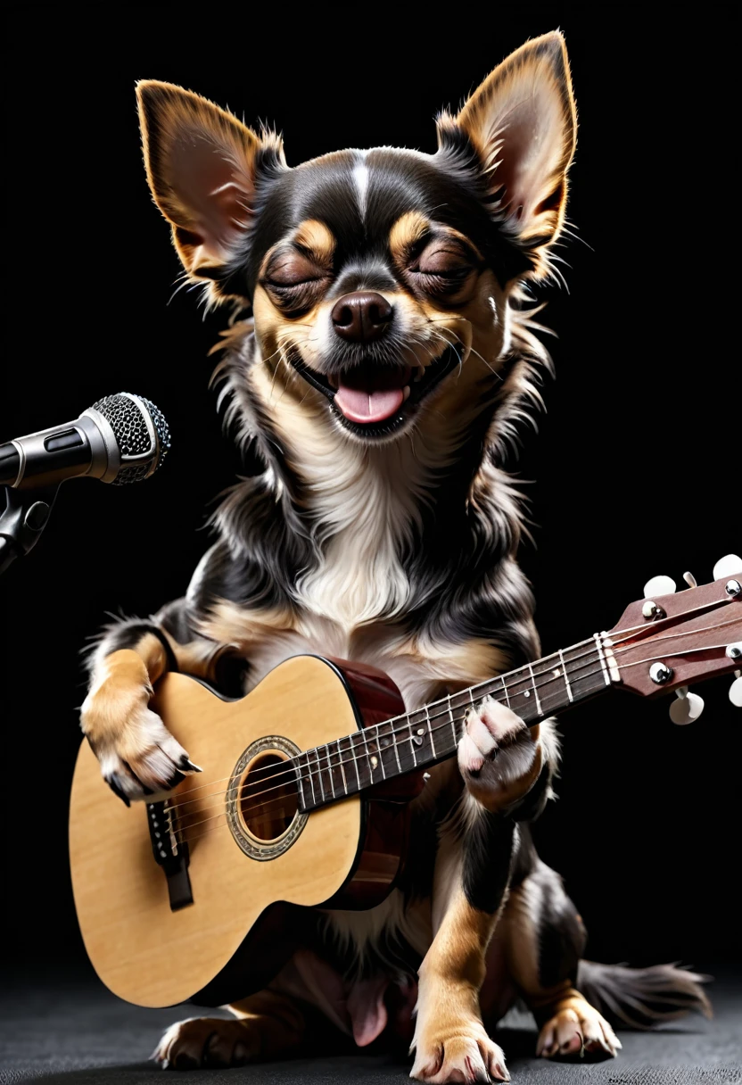 masterpiece, best quality, 4k, UHD, mishoujo, high resolution, Dog playing guitar, dog on scene, dog rocks, realistic dog, happy and fun dog, closed eyes with pleasure of singing, black background, chihuahua, black chihuahua, dog sings song with closed eyes.