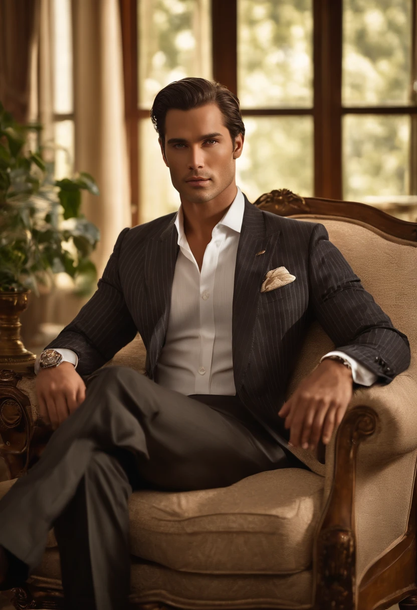 character sitting in a chair with arm raised, dark hair (neck length hair tied in a ponytail), nice pose, handsome man, pretty face, royal elegant pose, business man, (in a striped blazer), (The surrounding environment is a luxurious and classic living room) (sand tone image)