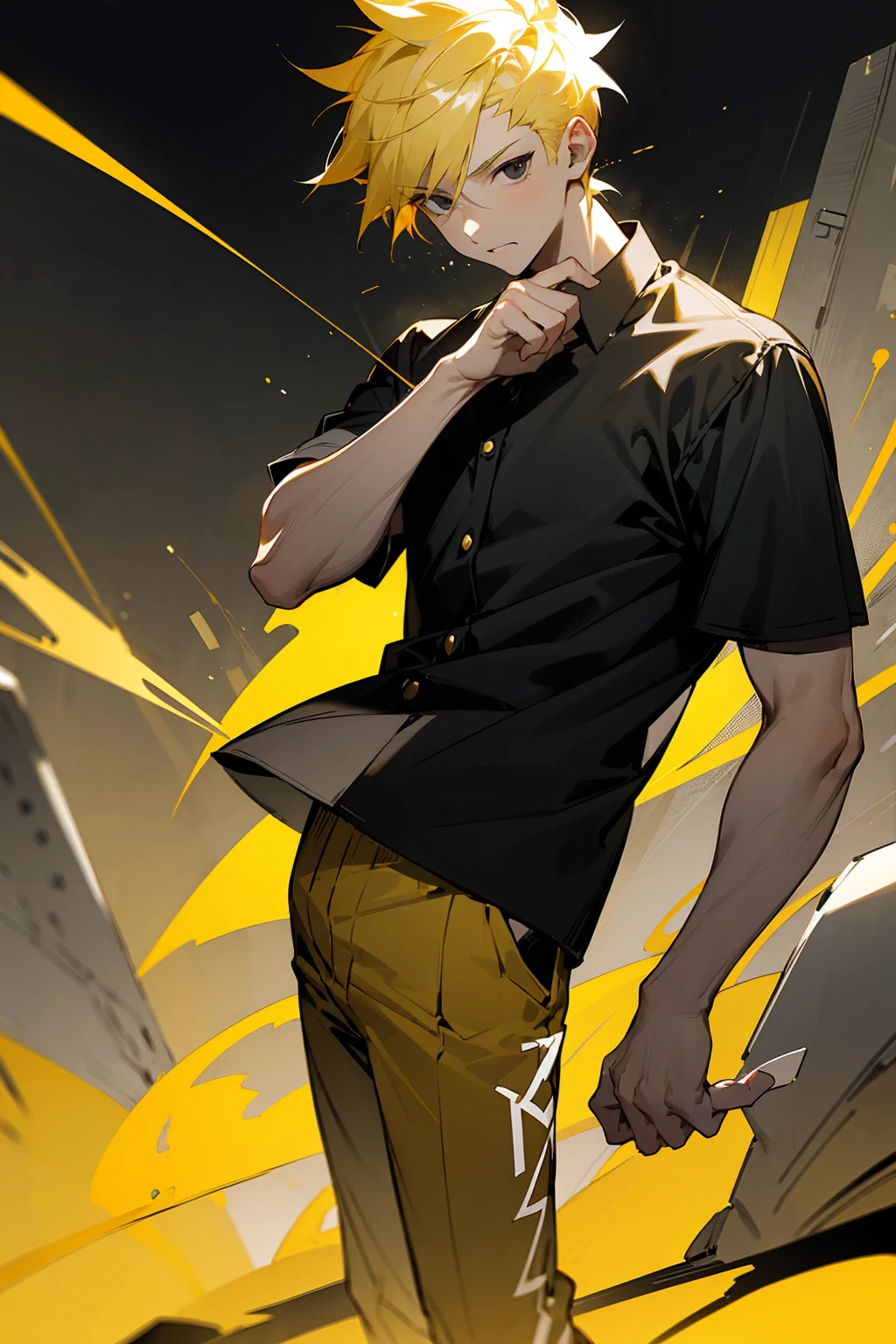 1male, lightning hair, spiked short hair, black eyes, yellow hair, bored expression, open black and white design shirt, joggers, dark city background, lightning background, detailed background, detailed face, standing on path, hand to side