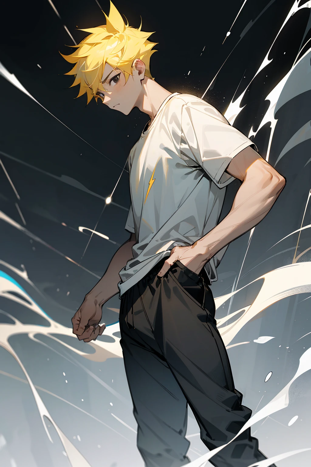 1male, lightning hair, spiked short hair, black eyes, yellow hair, bored expression, open black and white design shirt, joggers, dark city background, lightning background, detailed background, detailed face, standing on path, hand to side