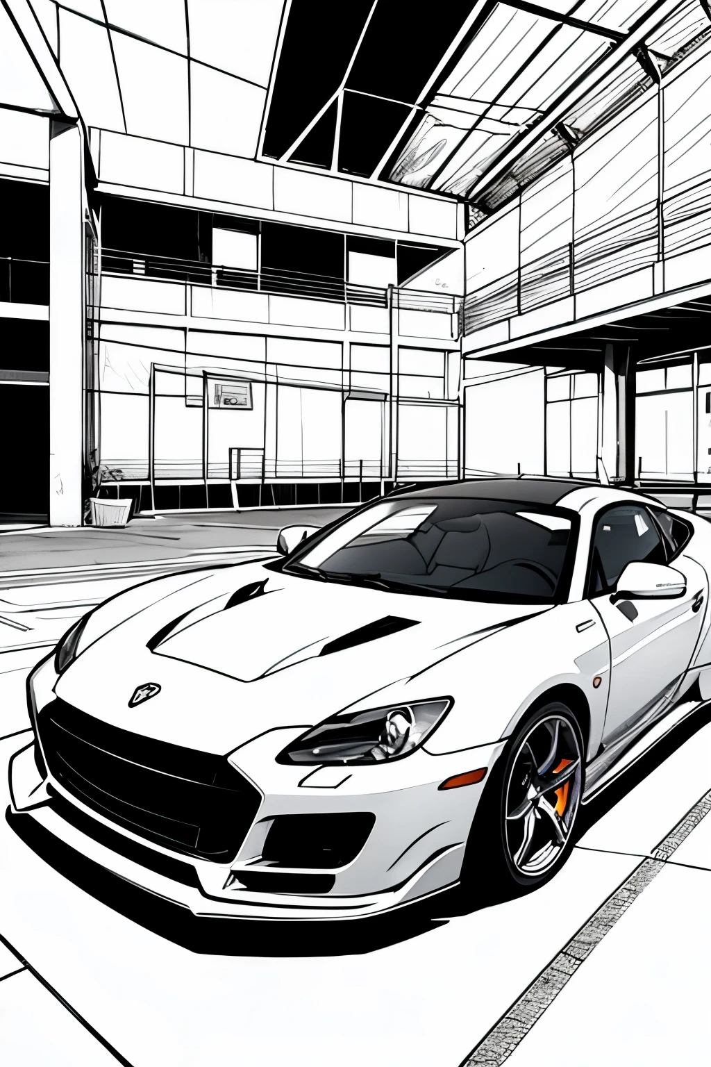 coloring book page, to black and white,of a sports car 