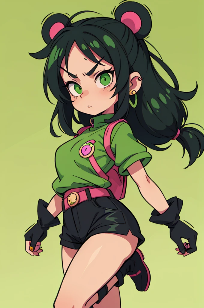 Girl in Emo style 2014, Very short black hair, green-pink strands, black T-shirt with green bear, striped gloves green-pink and black, huge striped leg warmers green, pink and black, black boots with gray laces, piercing, light beige leather, korean eyes with black eyeliner, bright green hat with bear ears, many keychains and badges, double belt black and green checkered, star shaped hairpins,  backpack in the shape of a green bear,  black shorts with Tamagotchi, on a white background, stands upright but his legs are clubbed, Earrings, semi sad, Sick Look, 