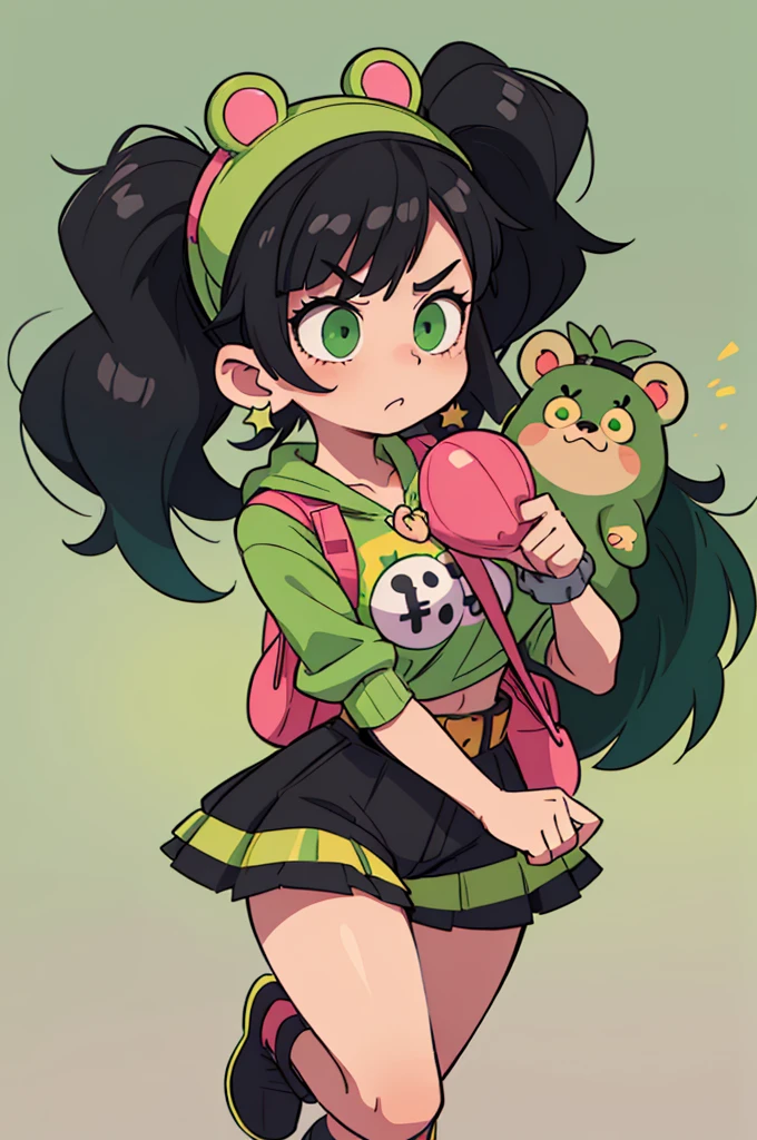 Girl in Emo style 2014, Very short black hair, green-pink strands, black T-shirt with green bear, striped gloves green-pink and black, huge striped leg warmers green, pink and black, black boots with gray laces, piercing, light beige leather, korean eyes with black eyeliner, bright green hat with bear ears, many keychains and badges, double belt black and green checkered, star shaped hairpins,  backpack in the shape of a green bear,  black shorts with Tamagotchi, on a white background, stands upright but his legs are clubbed, Earrings, semi sad, Sick Look, 