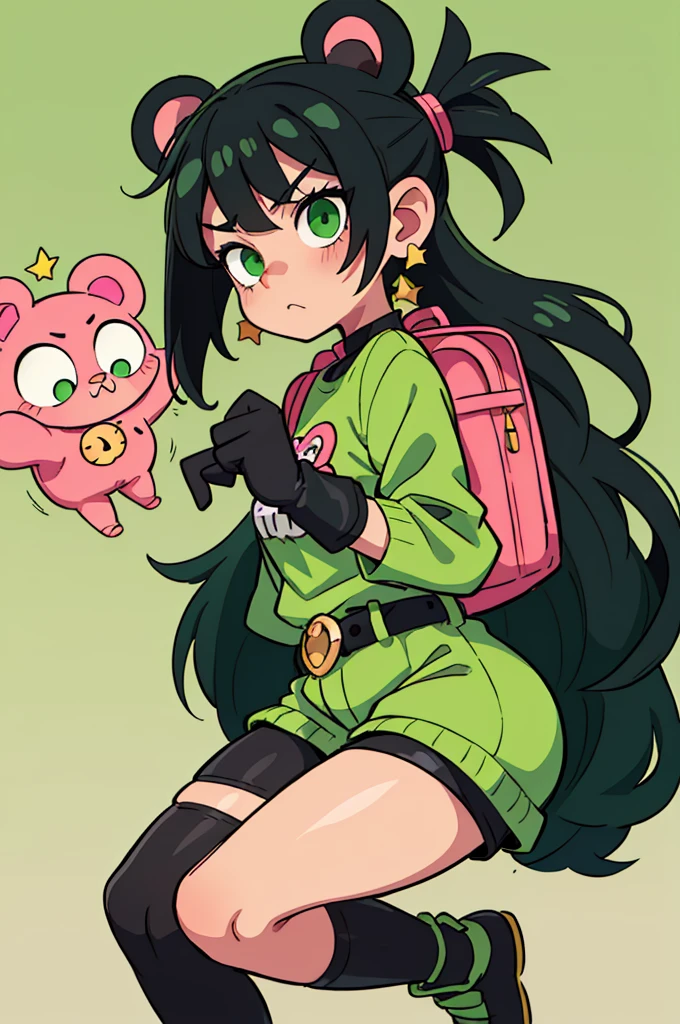 Girl in Emo style 2014, Very short black hair, green-pink strands, black T-shirt with green bear, striped gloves green-pink and black, huge striped leg warmers green, pink and black, black boots with gray laces, piercing, light beige leather, korean eyes with black eyeliner, bright green hat with bear ears, many keychains and badges, double belt black and green checkered, star shaped hairpins, backpack in the shape of a green bear, black shorts with Tamagotchi, on a white background, stands upright but his legs are clubbed, Earrings, semi sad, Sick Look,