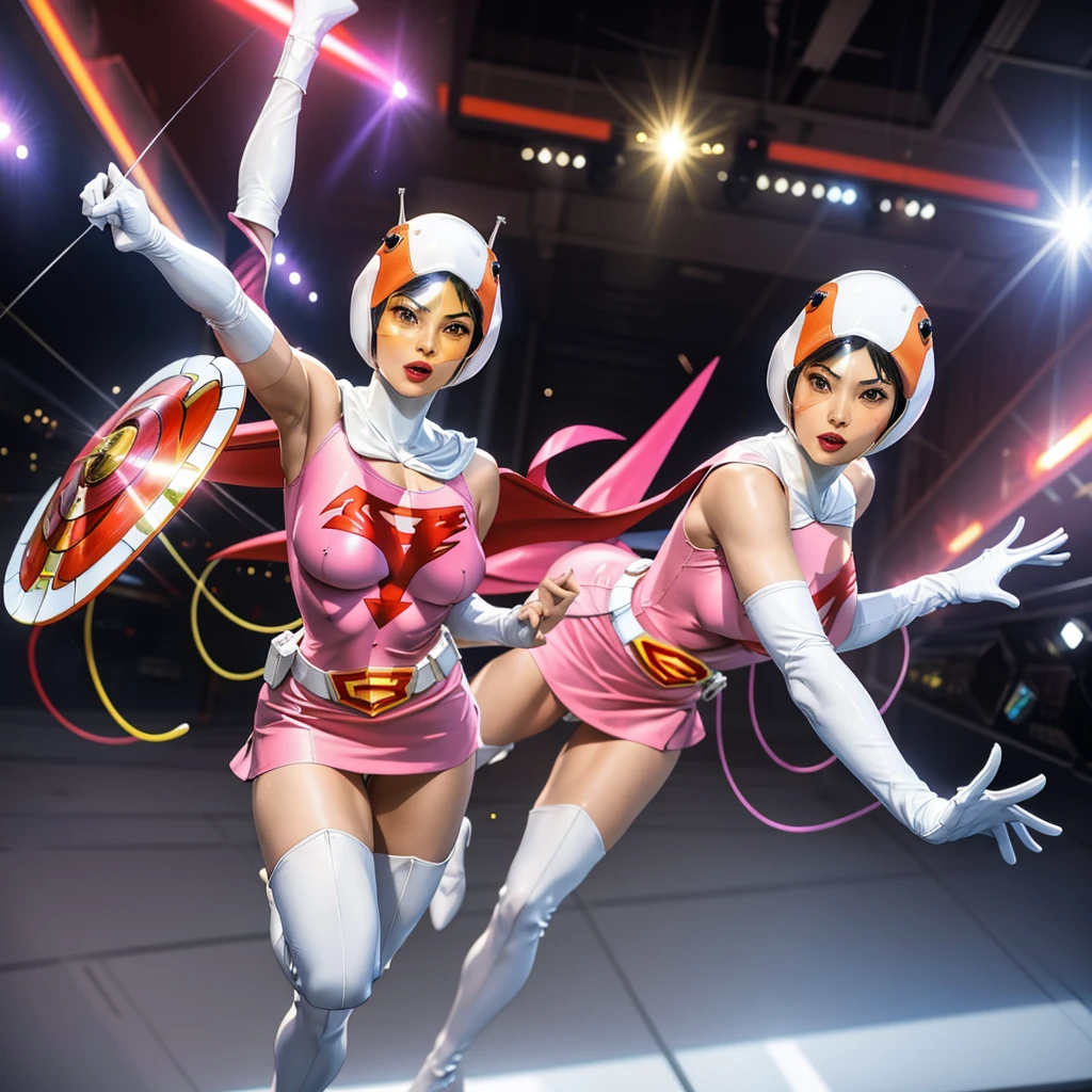 ANI_CLASSIC_jun_gatchaman_ownwaifu,1girl, 15yo,good anatomy, masterpiece, best quality,realistic, hyper realistic, 16k hdr, long hair,breasts,lips,large breasts,lipstick,makeup,gloves,cape,helmet,belt,elbow gloves,white gloves,mask,ultra miniskirt,leotard,spacesuit,white tight overknee highheels boots,pink dress,superhero,bodysuit,cleavage,erected nipples,(kick ass poses),cameltoe