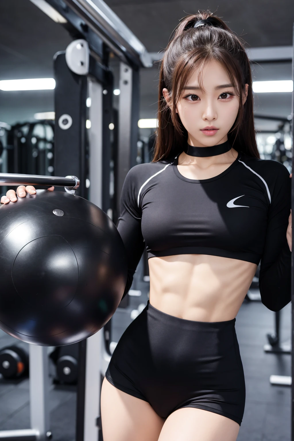 K-pop idols、Female sexy、Training clothing、black shiny spandex shorts, Beautiful abs、in  the gym