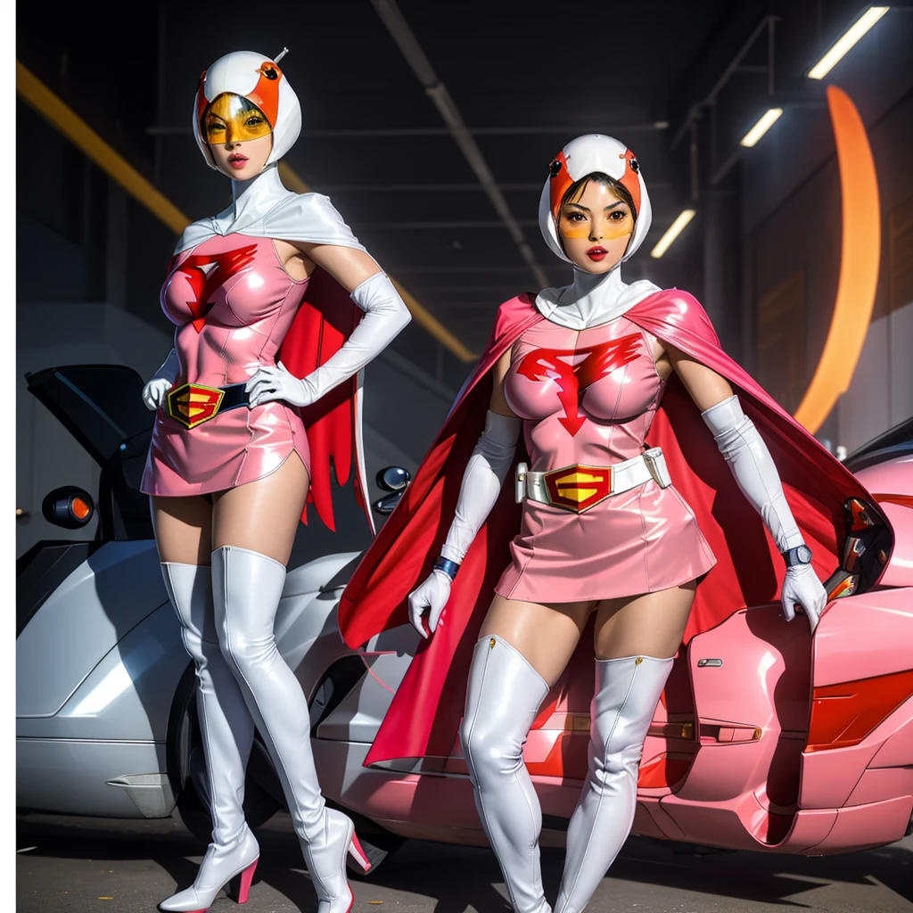ANI_CLASSIC_jun_gatchaman_ownwaifu,1girl, ,good anatomy, masterpiece, best quality,realistic, hyper realistic, 16k hdr, long hair,breasts,lips,large breasts,lipstick,makeup,gloves,cape,helmet,belt,elbow gloves,white gloves,mask,ultra miniskirt,leotard,spacesuit,white tight overknee highheels boots,pink dress,superhero,bodysuit,cleavage,erected nipples,(stand pose,hands on hip),(spread legs:1.1),cameltoe