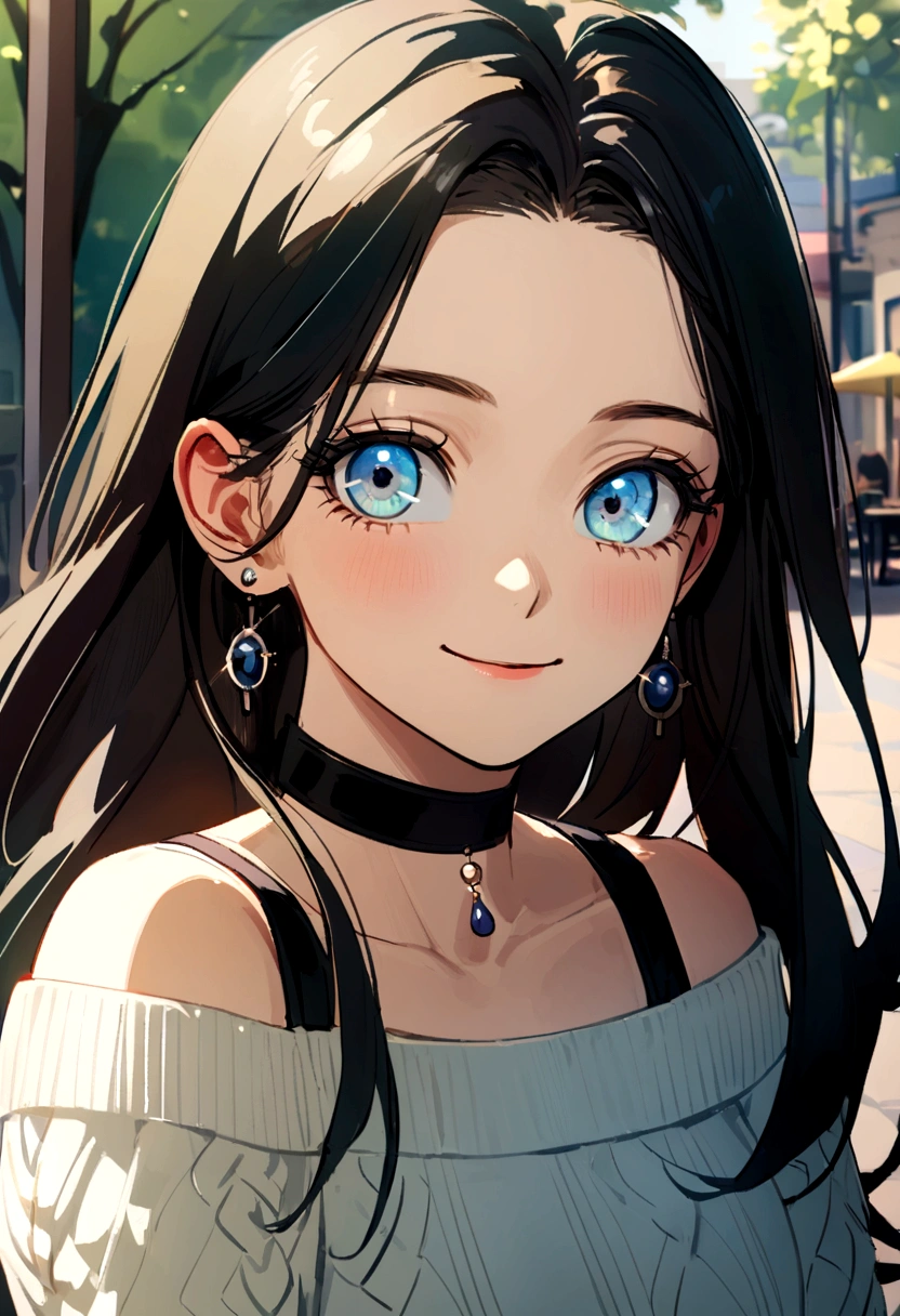 jnh piercing eyes, looking straight, very happy,long hair, wearing an off-shoulder sweater, choker, Retrato em close, at an outdoor cafe in 2015, afternoon light,