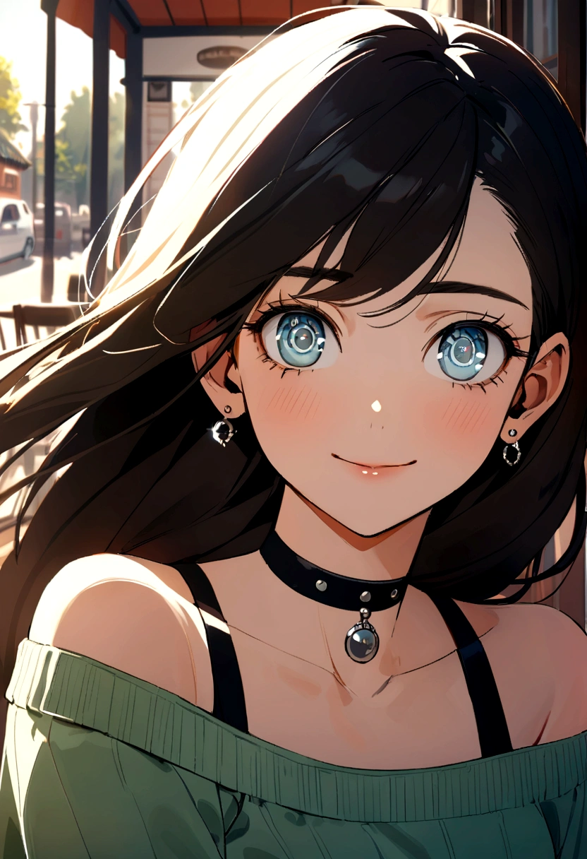 jnh piercing eyes, looking straight, very happy,long hair, wearing an off-shoulder sweater, choker, Retrato em close, at an outdoor cafe in 2015, afternoon light, 
