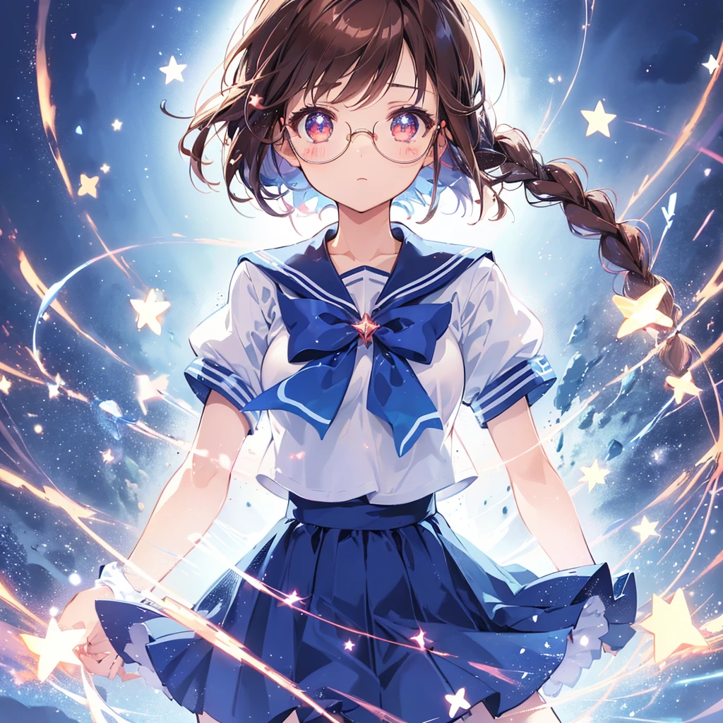 1girl, magical girl, transformation scene, glasses, brown eyes, long brown hair in single braid, sailor uniform with blue collar and skirt, red neckerchief, ((shimmering light particles:1.2) enveloping the girl's body), (large breasts), large buttocks, voluptuous, bright beams of light in the background