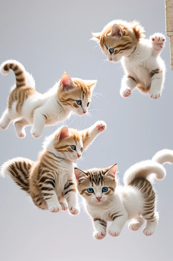 Little angel kittens flying on white background
